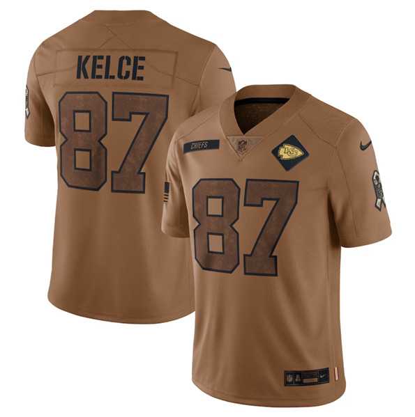 Mens Kansas City Chiefs #87 Travis Kelce 2023 Brown Salute To Service Limited Football Stitched Jersey Dyin
